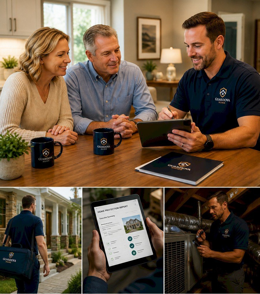 Guardova Home technician reviewing home oversight with homeowners
