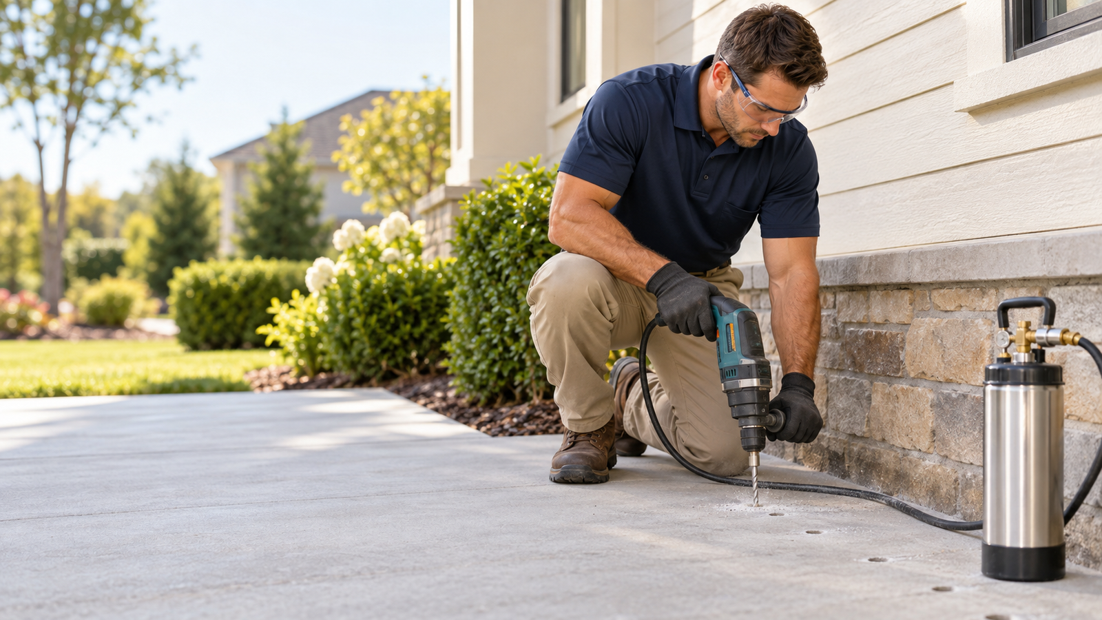 Pest control technician drilling concrete beside a home's foundation for termite treatment